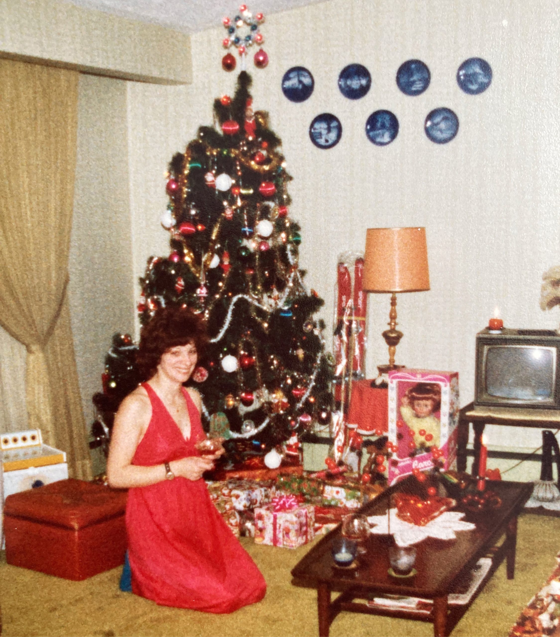 woman, dress, nightgown, Christmas, Xmas, tree, festive, pretty, retro, vintage, December