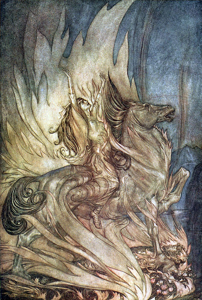 Arthur Rackham, illustration, Wagner, Brünnhilde, Grane, horse, flames, opera, Ring, music, drama, art, Götterdämmerung