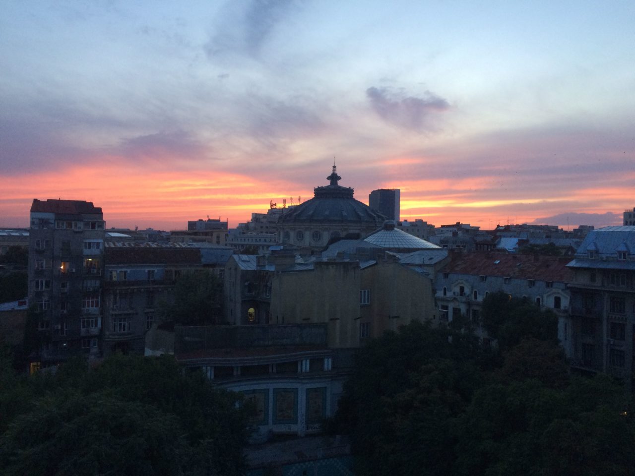 sunset, sky, color, Romanian Athenaeum, Bucharest, scene, perspective