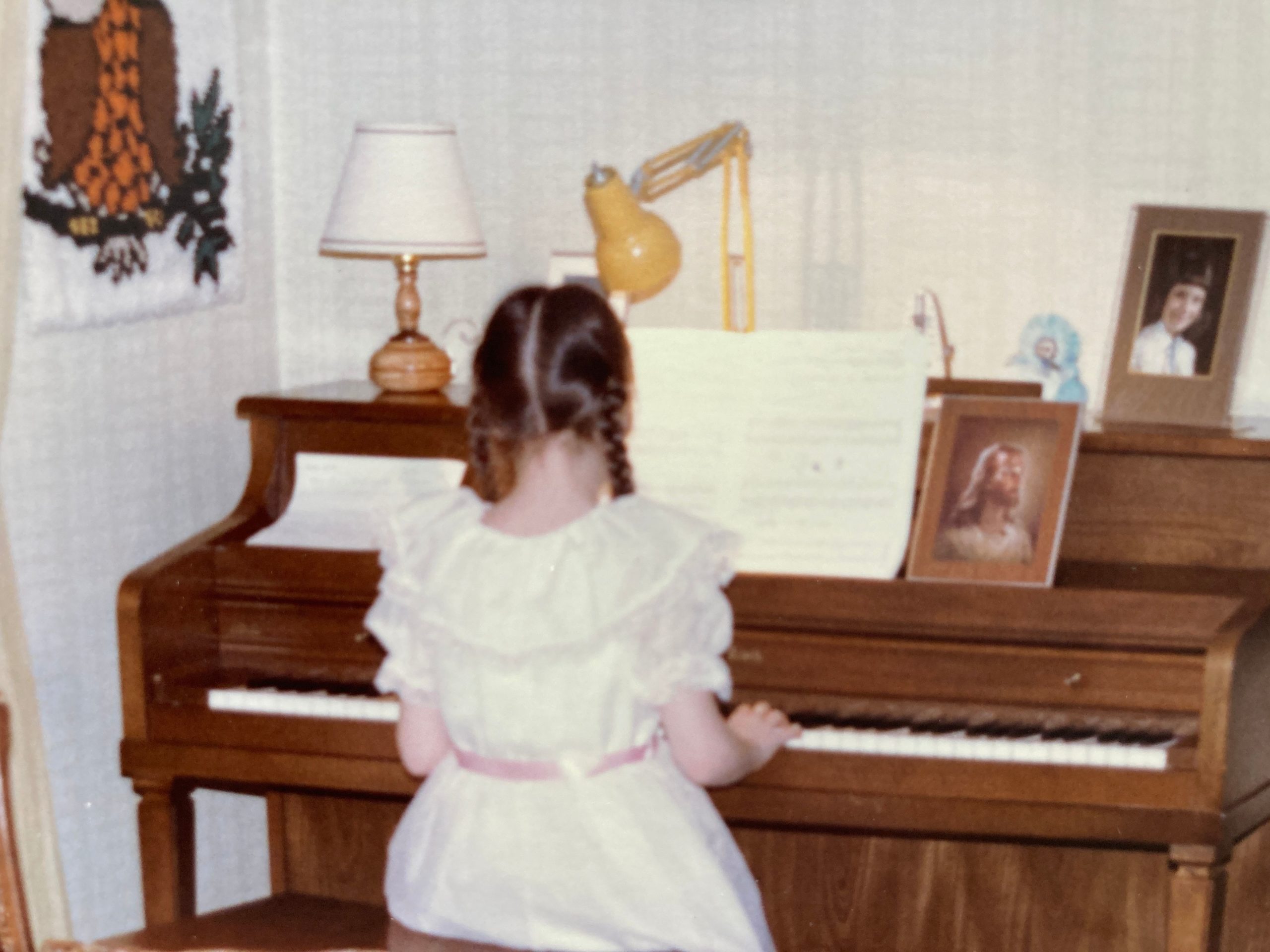 piano, girl, childhood, music, practise, culture, Catherine Kustanczy, braids, dress